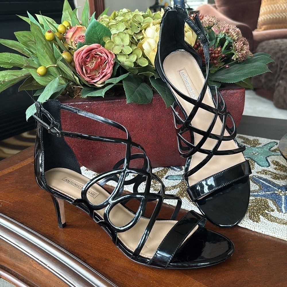 Antonio Melani Patent Leather Black Peep Toe Pumps Sling Back Heels w/ Back Zip